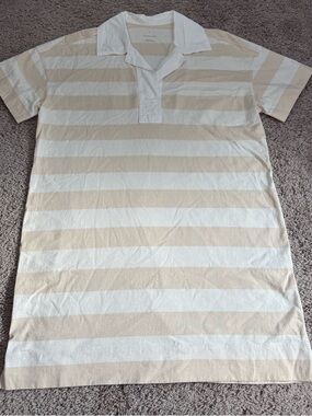 Everlane Beige and White Striped Short-Sleeve Polo